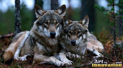 Two wolves lie together on pine needles under soft forest light