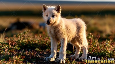 A fluffy white wolf pup stands in low tundra plants under warm sunlight