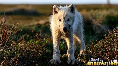 On the sunny open tundra, a young white wolf stands among low shrubs