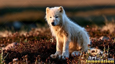 Sitting in low brown tundra plants, a fluffy wolf pup rests in warm sunlight
