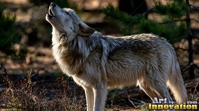 A gray wolf howling in a pine forest in sunlight