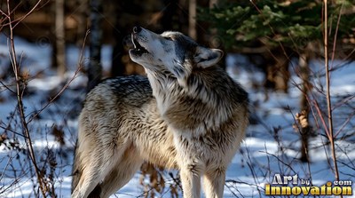Thick winter fur coats a wolf howling with its snout raised in a snowy spruce forest
