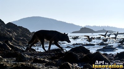 A dark wolf pads along a rocky shore in silhouette against bright morning water
