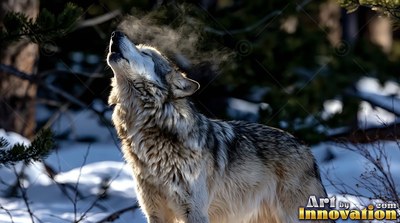 Head tilted back to howl, a gray wolf breathes steam in the snowy woods
