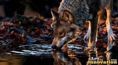 A gray wolf drinks from a dark pool by autumn leaves in warm light