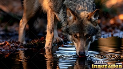 In a dark forest pool, a gray-coated wolf bends down to drink water in warm light