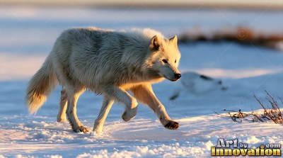 Trotting over snow in warm sunlight, a wolf moves forward with head low