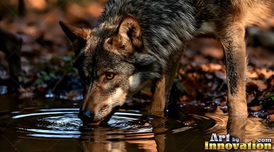 A pale gray wolf drinking water from a dark forest pool