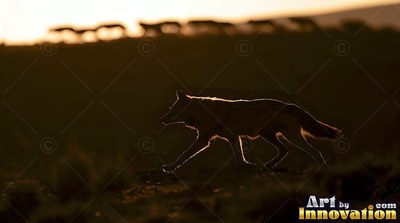 Rimmed with bright sunset light, a wolf moves along a dark hillside at dusk