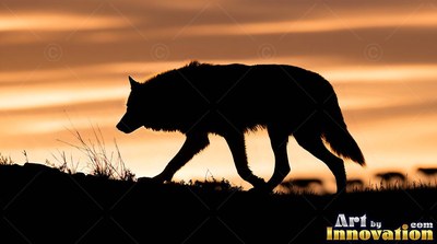 A wolf stalks across a ridge against a warm orange sunset sky