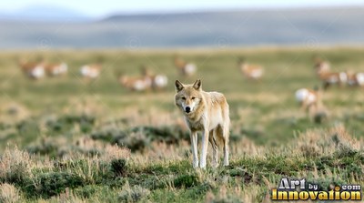 On a dry grassy plain, a pale wolf stands facing forward before a blurry herd