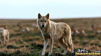 Pausing in low grass, a pale wolf stares forward across open plains under a pale sky