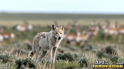 Light dark gray wolf standing alert in a flat prairie field