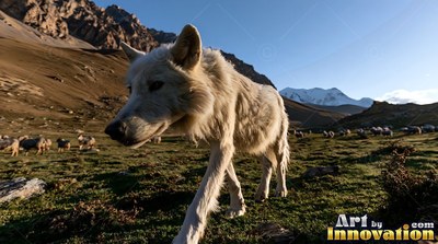 A white-coated wolf strides forward across a grassy valley under warm afternoon light
