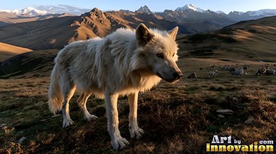 An all-white wolf stands on a grassy mountain ridge under warm evening sunlight