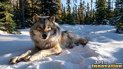 A gray-coated wolf lies in deep snow among pine trees in bright winter sunlight