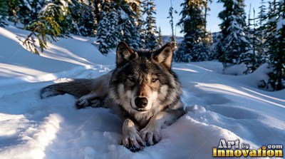 In a snowy pine forest, a gray-coated wolf lies down and looks forward