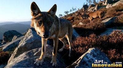 A wolf pup stands on granite rocks in the warm sunlight of early morning