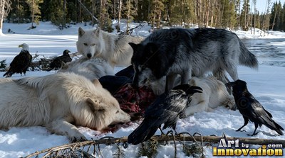 Standing over a kill, gray and white wolves feed in the snow