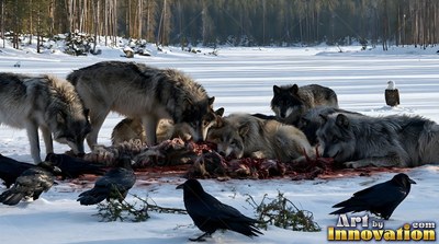 On a frozen lake, a pack of gray wolves feeds on a carcass alongside ravens
