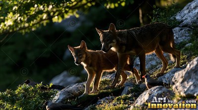 Two brown wolf pups walk down a rocky hillside in the sun