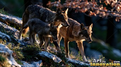 Thick gray fur covers a wolf pack walking downhill on rocky ground in sunlight