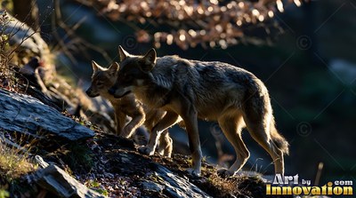 Two wolves walk down a steep rocky slope with morning sunlight touching their gray fur