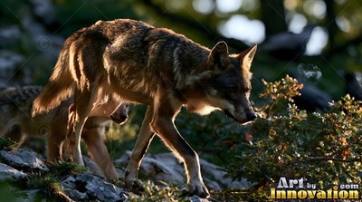 Walking downhill, a brown wolf steps through sunlit forest rocks
