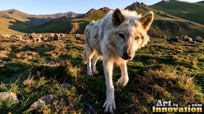 On a grassy mountain slope, a shaggy all-white wolf walks forward in low sunlight