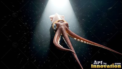 In shadowy ocean water, a brown squid swims upward toward a white spotlight beam