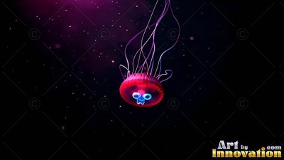 Drifting upside down in the dark water, a red jellyfish trails thin tentacles