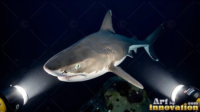 A gray shark swimming toward the light in the dark water