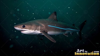 Turned sideways in deep water, a gray shark with a bright blue line swims forward