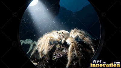 In dark deep water, a hairy white crab sits on a rock under a bright beam of light