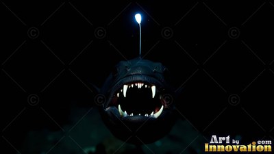 Showing sharp white teeth, a black anglerfish swims with a bright lure overhead