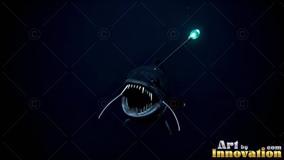 Anglerfish with an open mouth and bright green lure in dim water