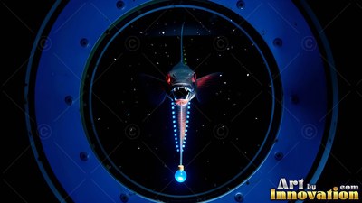 Sharp needle teeth bared on a deep-sea fish seen outside a blue round porthole window in the black water