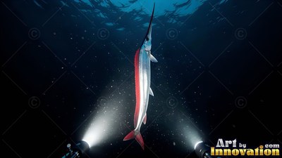 Facing upward in the dark water, a slender swordfish is lit by two searchlights