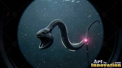 A long black eel swims with its mouth wide open through dim ocean water