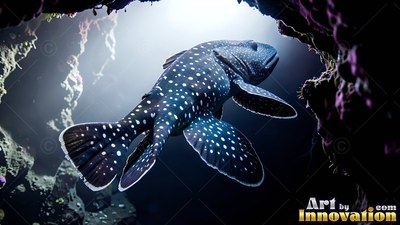 In a dark underwater cave, a spotted dark fish swims toward pale light