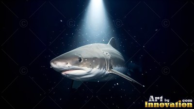 Swimming through dim water, a gray shark passes under a beam of white light