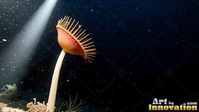 With a fringe of spiked tentacles, a cup-shaped sea anemone stands in the deep dark sea