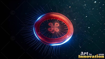A jellyfish floats in dark water with a bright red ring and blue rim edges