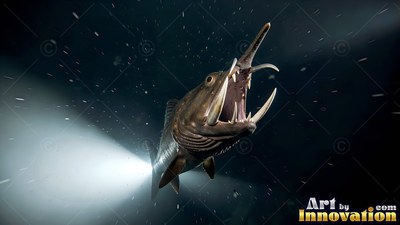 Facing forward in dark water, a deep sea viperfish opens its mouth of long teeth