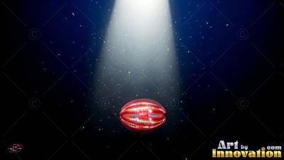 In a beam of light in shadowy water, a small red comb jelly drifts alone