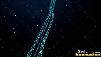 Floating in dim water, long beaded chains of a siphonophore shine green