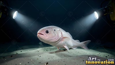Pale fish on the sandy sea floor lit by two floodlights