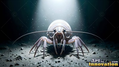 Long thin antennae arch outward from a pale isopod standing on the deep ocean floor under a white spotlight
