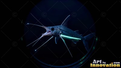 A deep sea fish swims with open jaws, illuminated by a line of small green lights