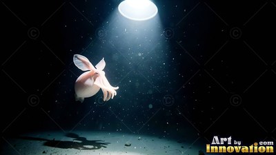Drifting in profile in the dark sea, a pale dumbo octopus under a spotlight